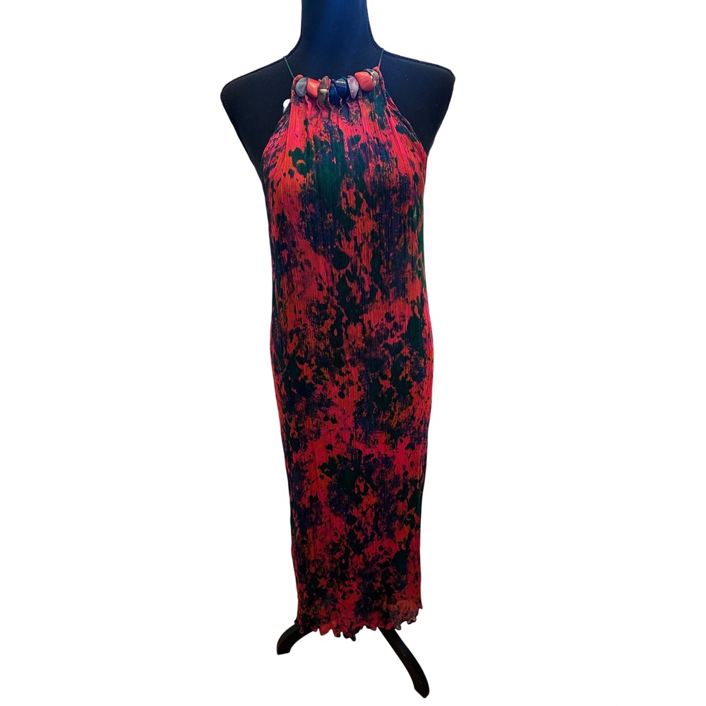 Zara Red Green Abstract Plisse Halter Maxi Stone Neckline Size S Boho Cruise